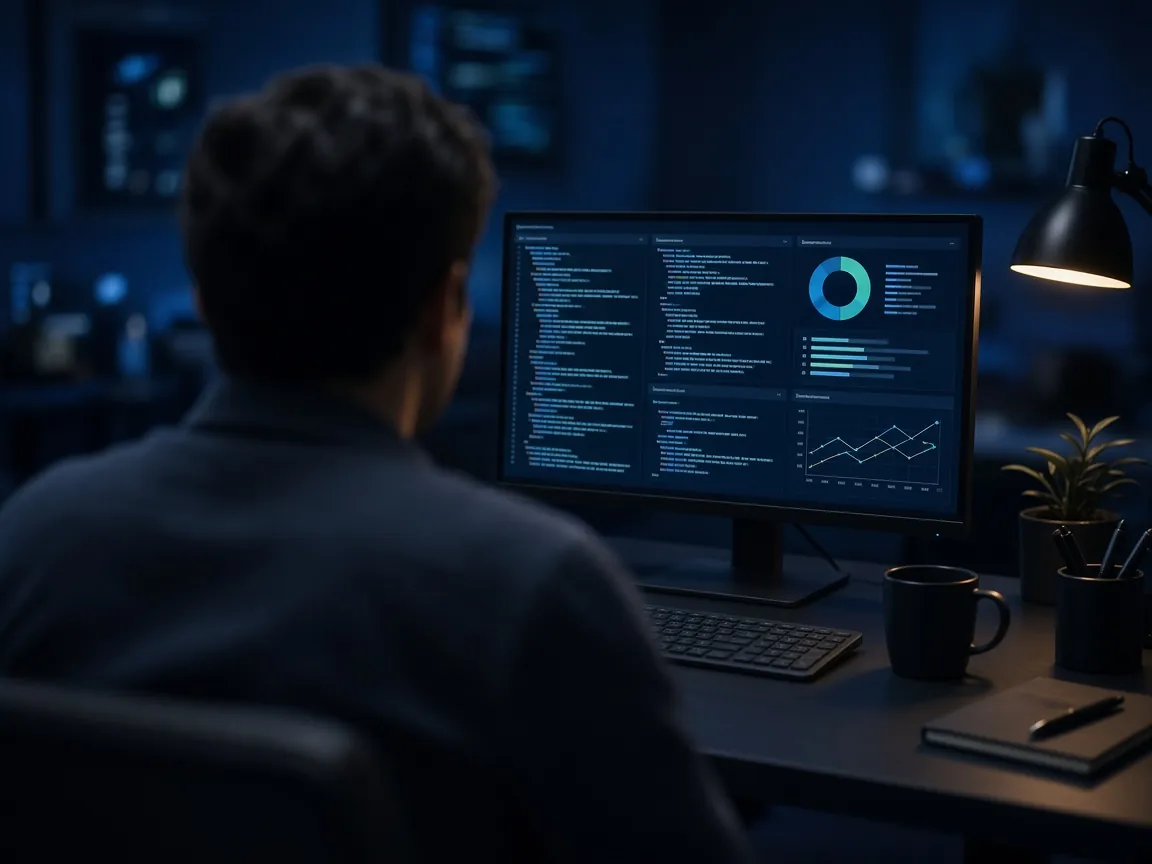 A person seen from behind reviewing code and security dashboards on a monitor