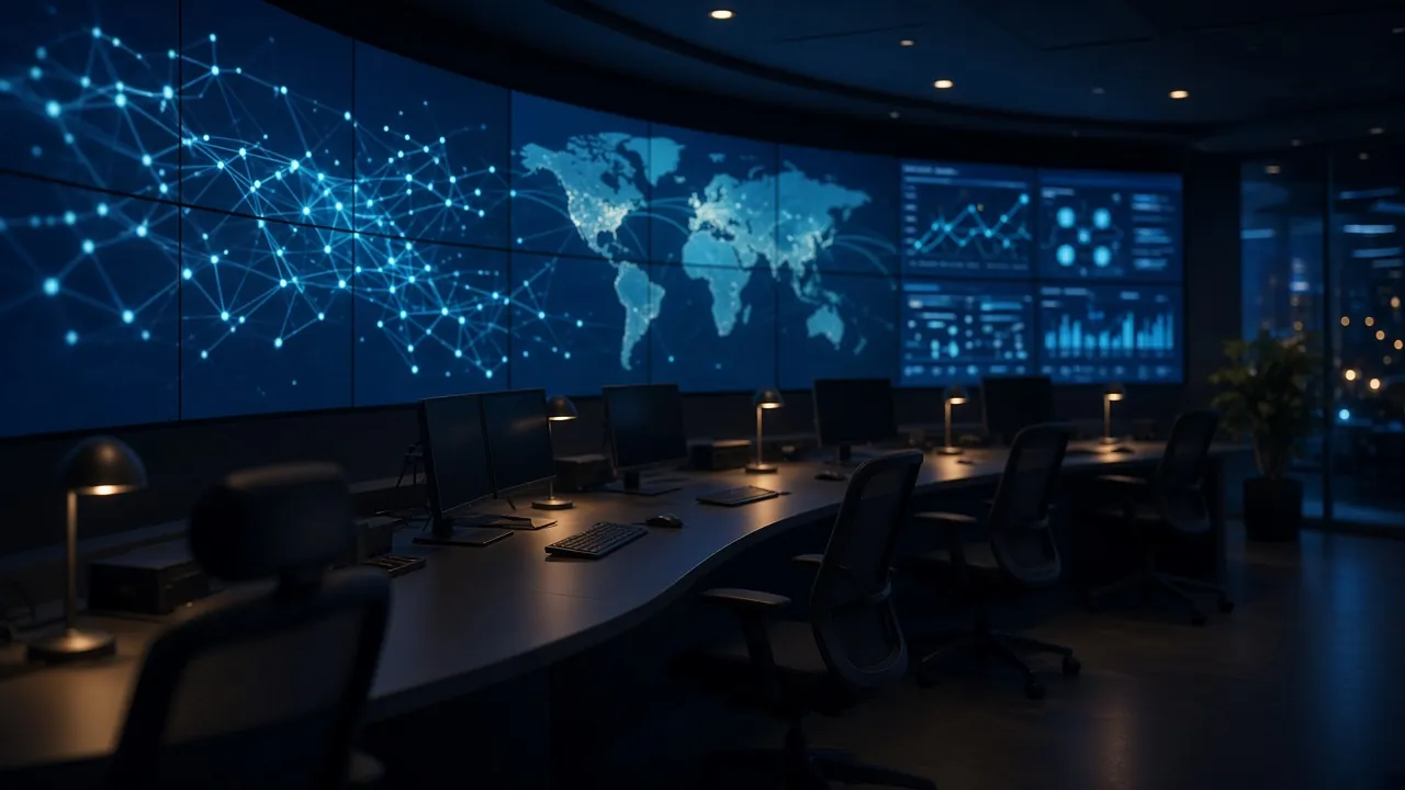 A calm security operations room at night: a curved wall of screens showing network graphs and a world map above empty desks